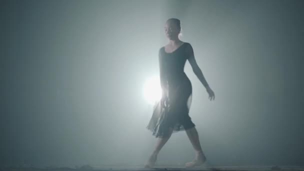 Profesionální baletka tancuje na svých špičkách baletu v reflektoru na černém pozadí ve studiu. Baletní tanečnice zobrazuje klasické baletní pas.