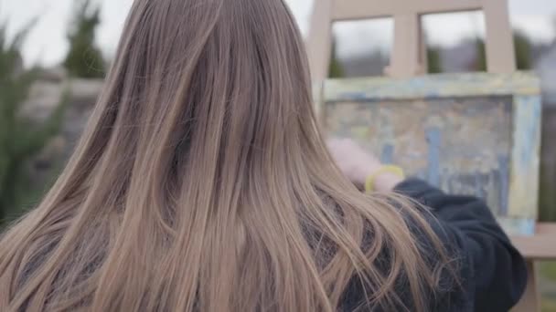 Mladá dívka maluje na plátně a sedí na dvoře venku. Úspěšný umělec vášnivou okupaci. Série skutečných lidí. Pohled zezadu. — Stock video