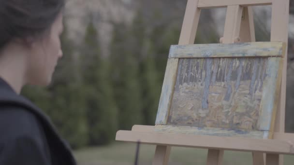 Ziemlich erfolgreicher Künstler malt auf der Leinwand im Hinterhof. schöne begeisterte Mädchen in Kreativität engagiert. Kunstakademie oder Zeichenschule. Inspiration. Talent. — Stockvideo