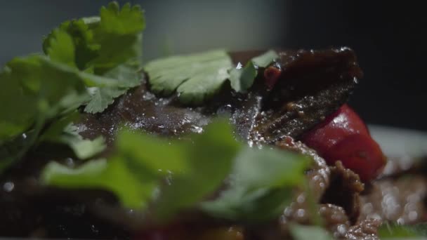 Eten op de plaat met peterselie en sesamzaadjes op de top close-up. Diner in een modern restaurant. Lekkere smakelijke gezonde voeding — Stockvideo