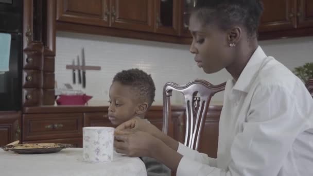 Αφρικανική Αμερικανίδα που κάθεται με το μικρό της γιο στο τραπέζι παίζοντας μπισκότα στο πιάτο. Σχέση μαμά και γιος. Μια ευτυχισμένη οικογένεια. Οικογενειακό υγιεινό πρωινό. — Αρχείο Βίντεο