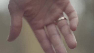 Erkek el hassaslık ile kadın parmaklar alır. Koca ve eşi bulanık arka planda el tutun. Altın yüzük adam parmağında.