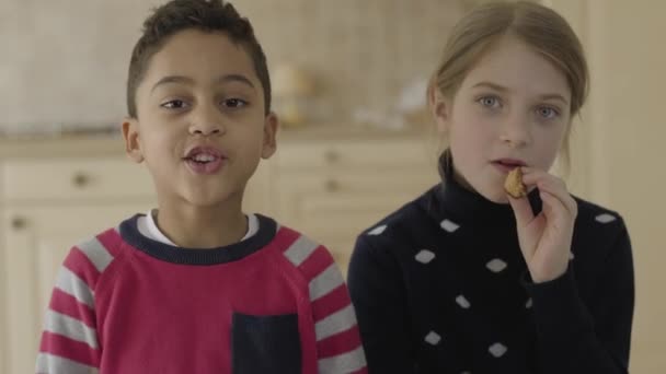 Lindo chico afroamericano y chica rubia caucásica con ojos azules sentados en la cocina. La chica comiendo galletas y el chico hablando con alegría mirando en cámara. Ocio de niños divertidos — Vídeos de Stock