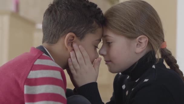 Portret van schattig schattig Afro-Amerikaanse jongen en mooie blonde Kaukasische meisje aanraken voor hoofden elkaar. Meisje houdt jongens gezicht in de handen — Stockvideo