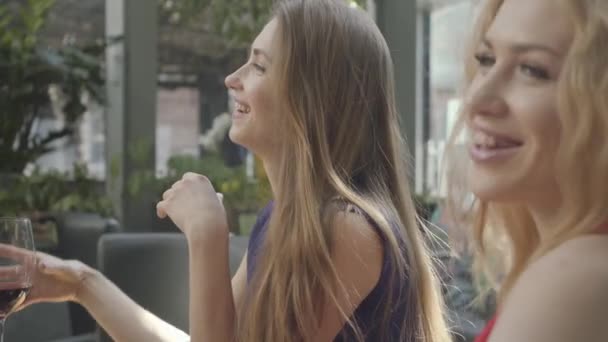 Två flickvänner sitter vid bordet i caféet chatta och njuta av alkohol. Ganska elegant kvinna med långt hår dricker rött vin från det höga glaset. Curly blond Lady berättar historia till vännen — Stockvideo