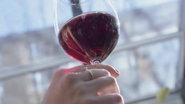 Woman holding glass with red wine with reflection making toast and going to drink on the background of sunny street in restaurant. Close up — Stockvideo