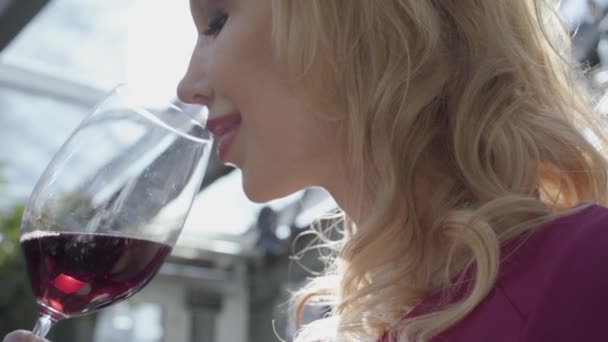 Jovem mulher loira bonita bebendo vinho tinto do copo de vinho no fundo de manchas de luz solar. Fecha. Movimento lento — Vídeo de Stock