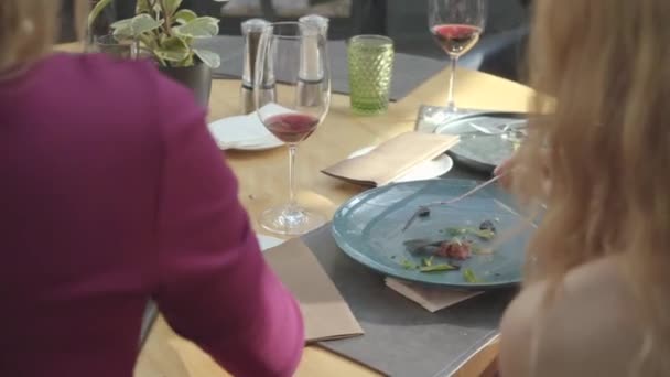 Eine Gruppe unbekannter Freundinnen speist in einem teuren Restaurant, während sie mit dem Rücken zur Kamera sitzen. — Stockvideo