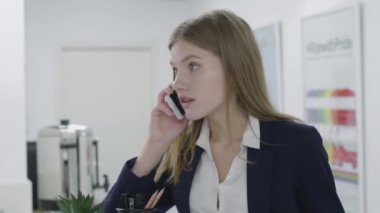 Bir cep telefonu konuşurken bir iş sıkı takım elbise içinde kendine güvenen gülümseyen güzel iş kadını veya sekreter Portresi. Işyeri. Ofis alanı.