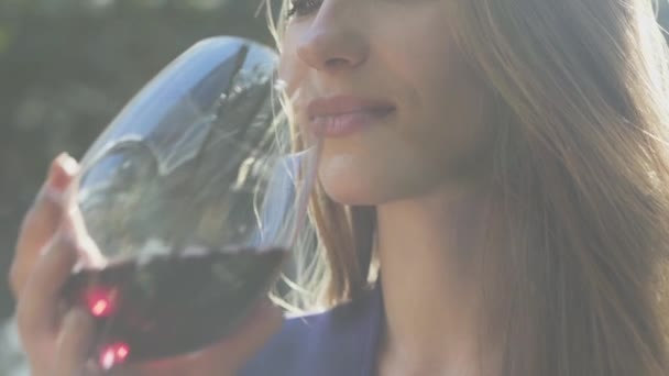 La mandíbula inferior de la mujer bonita elegante con el pelo largo bebiendo vino tinto de la copa alta en luz suave de cerca. La señora está relajada, tiene una sonrisa ligera. Movimiento lento — Vídeo de stock