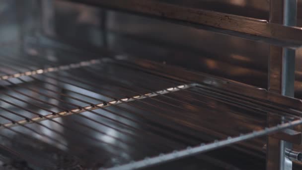 Hand des Kochs in weißem Küchenhandschuh, der das Fleisch mit dem Knochen aus nächster Nähe in den Ofen legt. der Küchenchef bereitet im Restaurant schmackhafte Speisen für die Gäste zu — Stockvideo