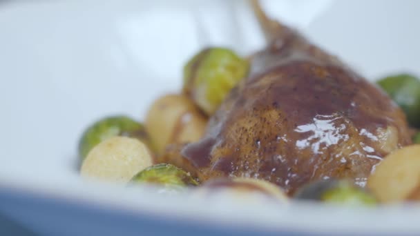 Cierre la carne de pato sabrosa con salsa en la parte superior acostado en el plato con brotes de Bruselas recién asados y bolas de queso. Concepto de preparación de alimentos saludables — Vídeo de stock