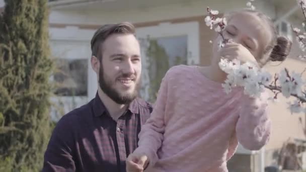 Portret jonge bebaarde vader tillen zijn kleine lachende dochter zodat ze kon ruiken de boom bloesem close-up. Familie vrije tijd buitenshuis, lente — Stockvideo