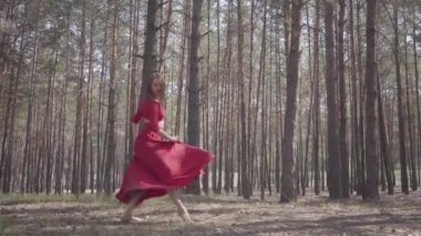 Ormanda dans eden kırmızı elbiseli genç bir kadın. Güzel dansçı çam arasında çağdaş dans. Kadın hassasiyeti ve uyum yaşam kavramı. Çağdaş dansçı açık havada.