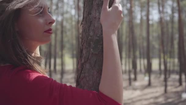 Portrait femme mignonne habillée en robe rouge dansant dans la forêt. Belle danseuse montrant des poses classiques de ballet. Concept de tendresse féminine et de vie harmonieuse. Vue impressionnante spectaculaire .