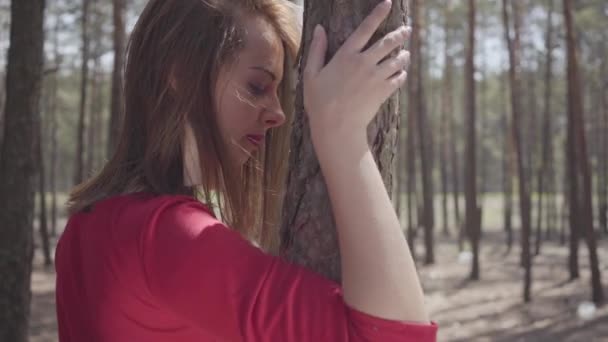 Portrait jeune femme en robe rouge dansant dans le paysage forestier. Dame touchant un arbre. Concept de tendresse féminine et de vie harmonieuse. Vue impressionnante spectaculaire. Danseuse contemporaine en plein air .