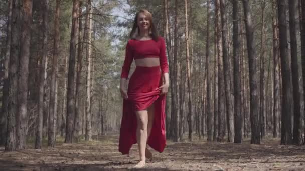 Professional graceful young woman in red dress dancing in the forest landscape. Dancer showing classic ballet poses and jumping high into the air. Concept of female tenderness and harmony life — Stock Video