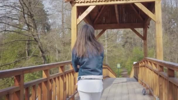 Вид ззаду молода гламурна жінка повільно ходить по дерев'яному мосту, дивлячись навколо. Дівчина захоплюється прекрасним пейзажем. Дозвілля на відкритому повітрі — стокове відео