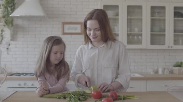 Портрет досить молодої усміхненої жінки, яка готує салат за столом, вирізаючи кабачки. Маленька дівчинка стоїть поруч, навчаючись готувати їжу. Правильне виховання. Щаслива сім'я — стокове відео
