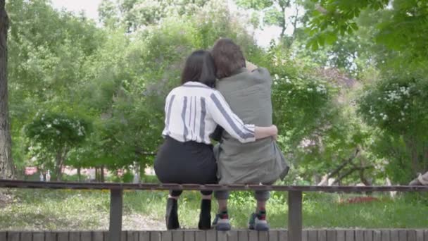 Retrato de una joven pareja feliz en ropa casual pasando tiempo juntos en el parque, teniendo una cita. Amantes sentados en el banco, chica abrazando a su novio. Ocio al aire libre. Vista trasera — Vídeo de stock