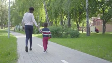 Çekici Afro-Amerikan kadın küçük oğlu ile parkta yürürken, el ele. Sevimli çocuk annesi ile açık havada vakit geçiriyor. Sevgi dolu aile, kaygısız çocukluk