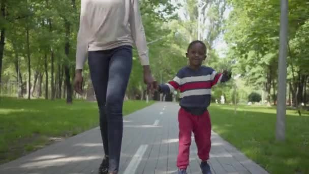 Неузнаваемая афроамериканка, гуляющая в парке со своим маленьким сыном, держась за руки. Милый ребенок проводит время на улице со своей матерью. Любящая семья, беззаботное детство — стоковое видео