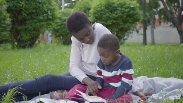 Portrait attractive African American woman sitting on the blanket with her little son in the park. The young mother trying to interest her boy with reading book. Loving family on the picnic — Stock Video