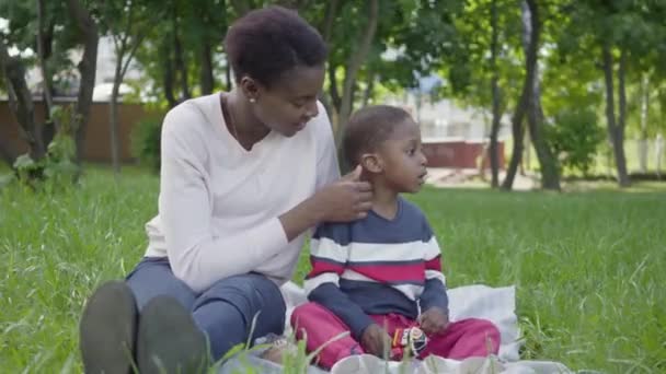 Attraente donna afroamericana seduta sulla coperta con il suo piccolo figlio che gioca con un giocattolo nel parco. La giovane madre passa del tempo con il suo bambino all'aperto. Amare la famiglia al picnic — Video Stock