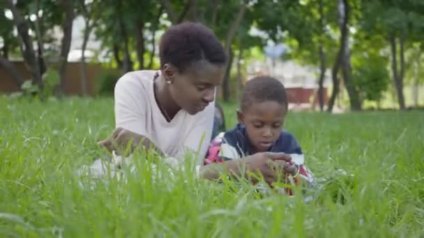 공원에서 장난감을 가지고 노는 그녀의 작은 아들과 담요에 누워 귀여운 아프리카 계 미국인 예쁜 젊은 여성 초상화. 젊은 어머니는 야외에서 자녀와 함께 시간을 보내고 있습니다. 사랑 — 비디오