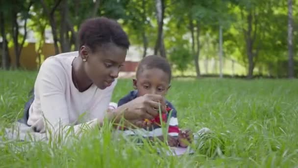 Porträtt bedårande Söt afrikansk amerikansk söt ung kvinna som ligger på filten med sin lille son leker med en leksak i parken. Den unga mamman spenderar tid med sitt barn utomhus. Kärleksfull — Stockvideo