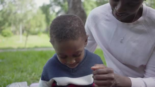 Portret godny podziwu słodkie African American dość młoda kobieta siedzi na kocu z jej małego syna bawiąc się zabawką w parku. Młoda matka spędza czas z dzieckiem na zewnątrz. Kochający — Wideo stockowe