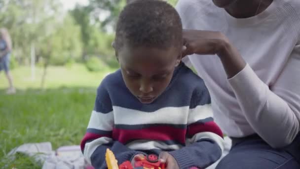 Retrato adorável bonito afro-americano bonita mulher sentada no cobertor com seu filho brincando com um brinquedo no parque. A jovem mãe passa um tempo com seu filho ao ar livre. Amoroso — Vídeo de Stock