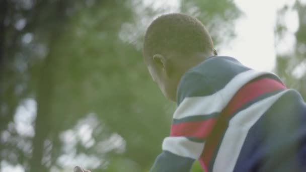 Pretty African American woman lying on the grass in the park, her little son sitting on top of her touching her face, both smiling. Mother and boy playing outdoors close-up. Motherhood concept — Stock Video