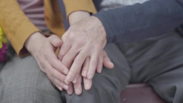 Manos de una anciana sosteniendo la mano de un anciano. Las manos de gente madura se cierran. Tierna relación pareja adulta al aire libre . — Vídeos de Stock