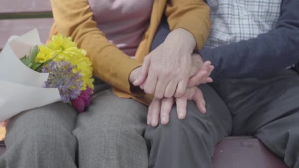 Zavřete ruce stařenky, která drží ruku starého muže. Ruce zralých lidí. Nabídka vztahu dospělí manželé venku. — Stock video