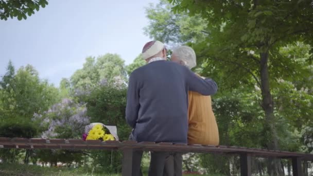 Porträtt av ett äldre par i kärlek sitter på en bänk i parken. Vuxen kvinna och gammal man tillsammans. Anbud förhållande bedårande par utomhus. Romantiskt par. Back View. — Stockvideo