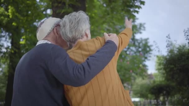 Rücken eines alten Mannes mit Schirmmütze, der eine Frau mit grauen Haaren im grünen Park hält — Stockvideo