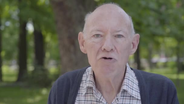 Retrato abuelo sentado en un banco en el parque. Adorable abuelo maduro descansando en un soleado y cálido día de primavera al aire libre. Viejo lindo dice algo o da una entrevista mirando a la cámara . — Vídeo de stock