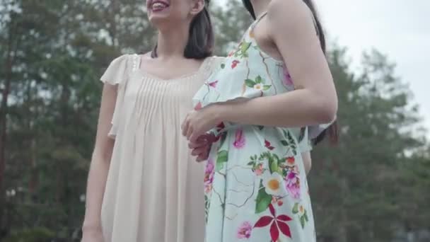 Portrait two adorable smilling young women wear summer dresses standing in the top of rock and looking nature. Pretty girls walk outside the city. Cute girlfriends spending weekend together outdoors. — Stock Video