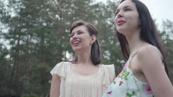 Portrait zweier hübsch lächelnder junger Frauen in Sommerkleidern, die oben auf dem Felsen stehen und einen atemberaubenden Blick auf die Natur werfen. Nette Mädchen laufen außerhalb der Stadt. entzückende Freundinnen draußen. — Stockvideo