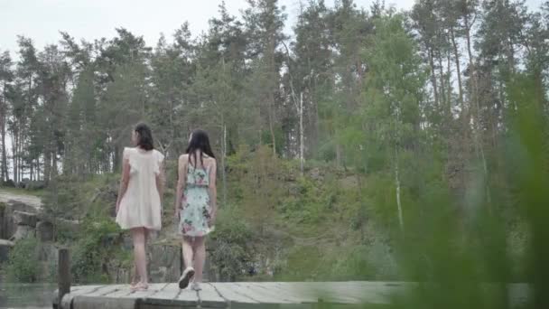 Duas jovens mulheres bonitas usam vestidos de verão em pé no topo do rock e olhando para a natureza. Meninas bonitas caminham fora da cidade. Adoráveis namoradas passar o fim de semana juntos ao ar livre . — Vídeo de Stock