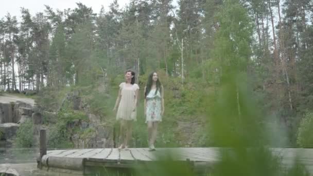 Дві чарівні жінки носять літні сукні, що стоять на вершині скелі і дивляться на дивовижний вид на природу. Красиві дівчата виходять за місто. Милі подружки проводять вихідні разом на відкритому повітрі . — стокове відео