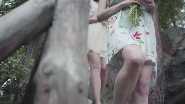 Twee schattige jonge vrouwen in korte dreses met bloemen gaan de trap af en kijken naar amzing Forst, bomen, planten. Amzing View. — Stockvideo