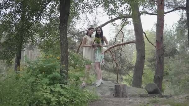 Retrato de dos hermosas mujeres lindas en vestidos cortos de verano de pie en suelo rocoso con flores silvestres y buscando bosque disfrutando de la naturaleza. Adorables novias caminando al aire libre . — Vídeos de Stock