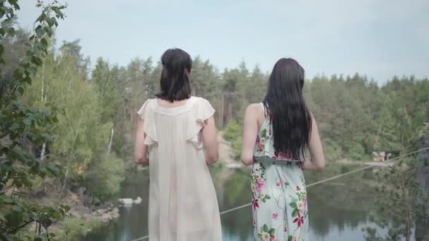 매력적인 두 젊은 여성이 바위 꼭대기에 서서 자연의 놀라운 전망을 보고 여름 드레스를 입고 있는 초상화. 예쁜 여자는 도시 밖을 걸어. 사랑스러운 여자 친구 지출 주말 — 비디오