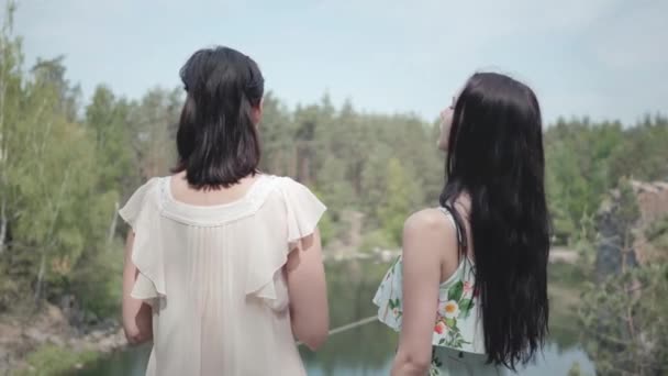 Powrót dwóch młodych kobiet stojących na szczycie góry i patrząc na niesamowity widok wzgórza, jeziora, lasu i zieleni. Spektakularny charakter. — Wideo stockowe