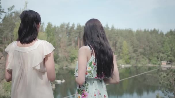 Retrato duas mulheres jovens encantadoras usam vestidos de verão em pé no topo do rock e olhando para uma vista incrível da natureza. Meninas bonitas caminham fora da cidade. Adoráveis namoradas passar fim de semana — Vídeo de Stock