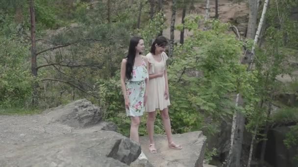 Retrato duas mulheres bonitas em vestidos curtos de pé em solo rochoso com flores silvestres e olhando floresta apreciando a natureza. Adoráveis namoradas passar o fim de semana juntos andando ao ar livre . — Vídeo de Stock