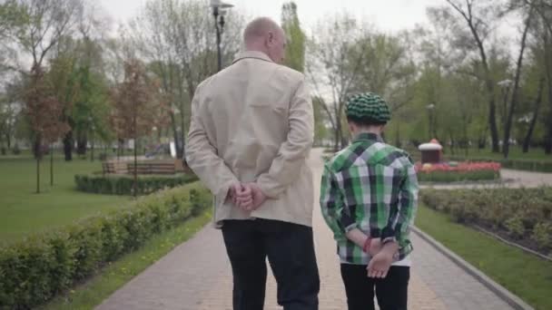 Grand-père et petit-fils marchant dans le parc dos à la caméra. Les deux personnes ont les mains derrière le dos. L'enfant imitant le vieil homme. Concept des générations. Vue arrière — Video