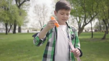 Dikey sevimli küçük çocuk damalı gömlek çorba kabarcıkları yakın üfleme. Çocuk dışarıda eğleniyor. Doğayla bağlantı. Yaz tatili